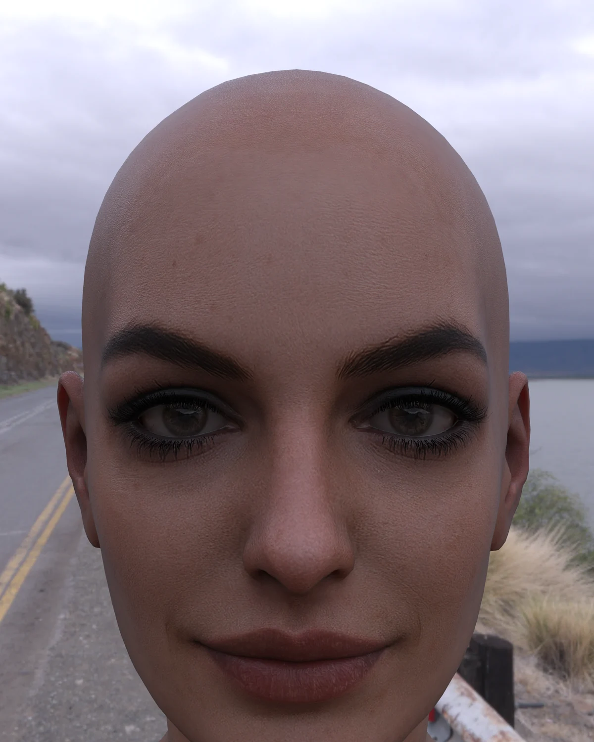 A close-up of a face rendered in KINVEL: skin, eyes and brows.