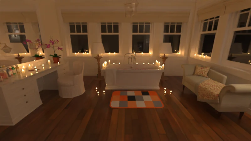 A bathroom lit by candles, rendered in KINVEL.